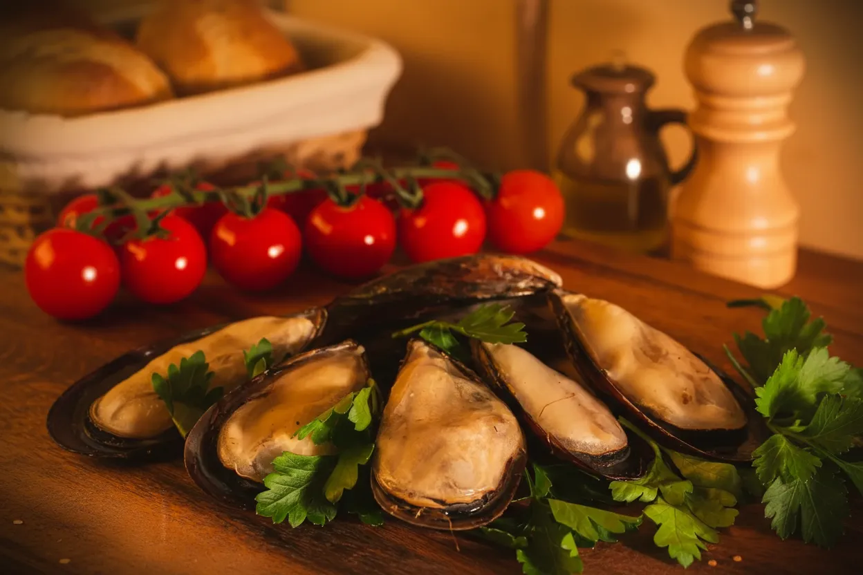 Мидии голубые на полустворке крупные 30/40 шт/кг. Варёно-мороженые (1 кг.)